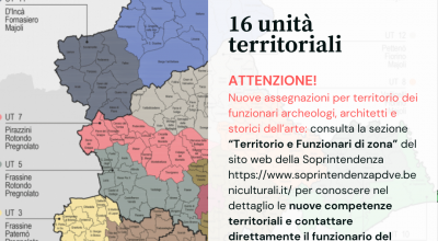 Nuove competenze territoriali per archeologi, architetti e storici dell’arte della Soprintendenza: nella sezione “Territorio e Funzionari di zona” del sito web, gli elenchi aggiornati con le assegnazioni vigenti nelle 16 Unità territoriali (UT)