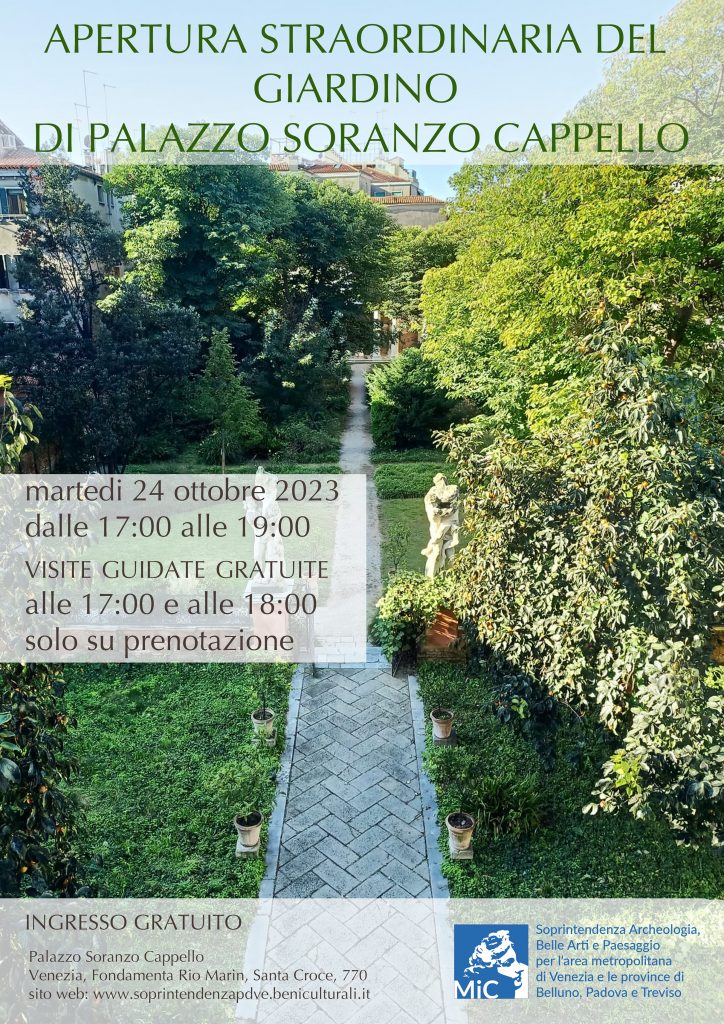 Apertura straordinaria del giardino di Palazzo Soranzo Cappello a Venezia: martedì 24 ottobre dalle 17.00 alle 19.00