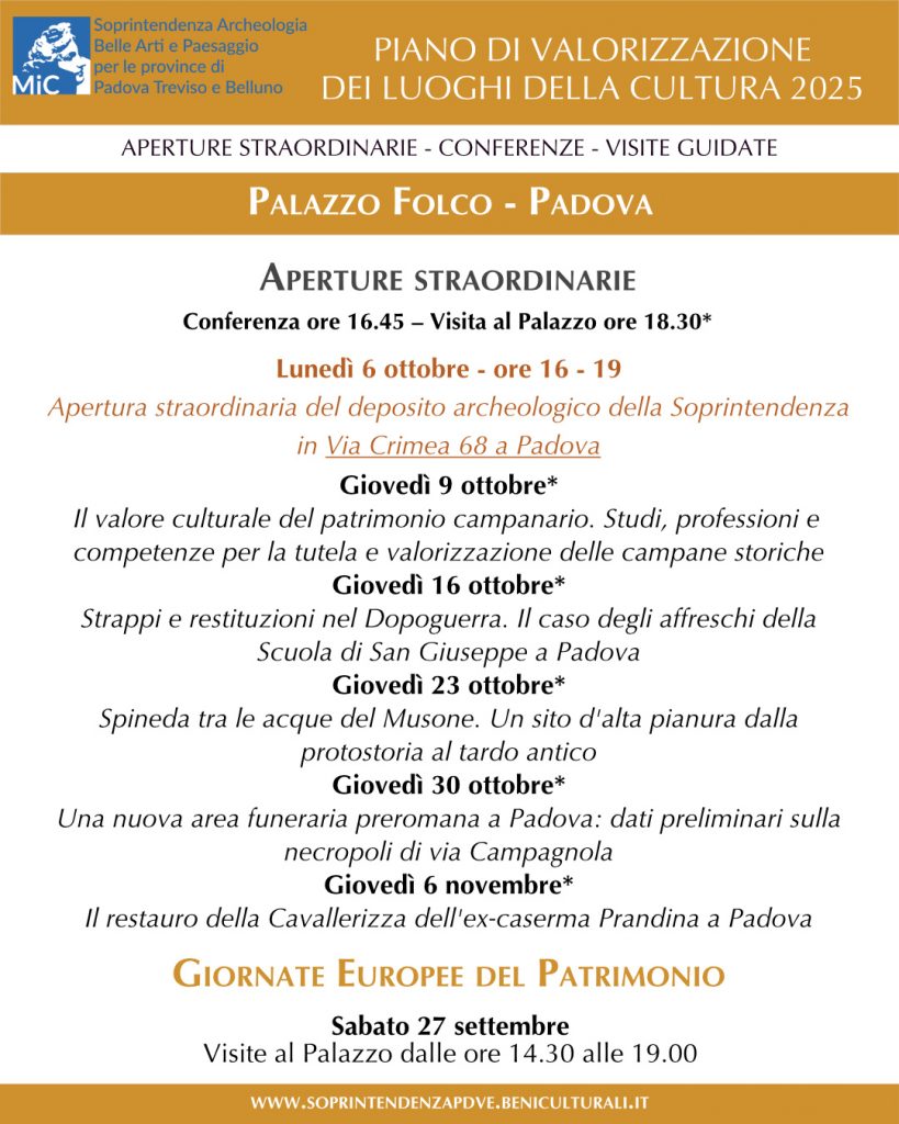 Padova | Piano di Valorizzazione 2025: visite guidate e conferenze a Palazzo Folco, sede della Soprintendenza, e apertura al pubblico del laboratorio di scavo della necropoli orientale patavina