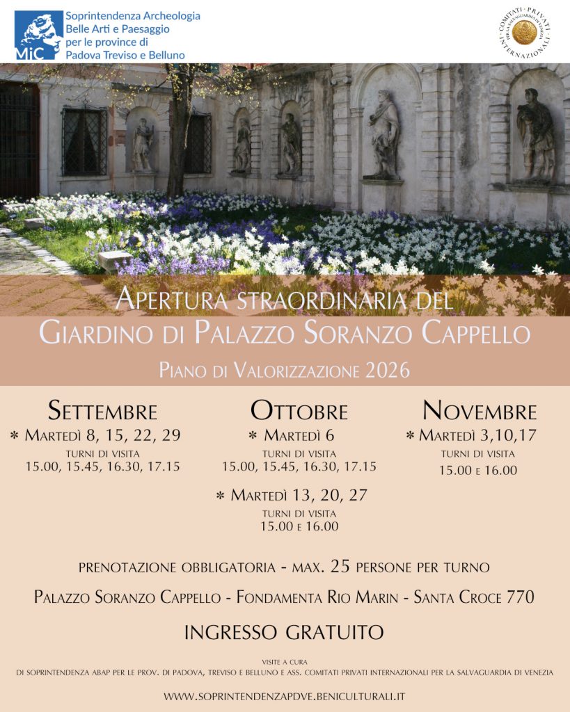 Visite guidate al giardino di Palazzo Soranzo Cappello a Venezia nei mesi di settembre, ottobre e novembre